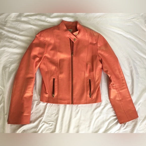 EUC Cache gorgeous iridescent coral lightweight zip up lined leather jacket. - Picture 3 of 12